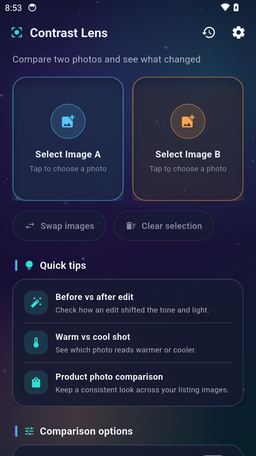 Contrast Lens compare screen with photo selection panels