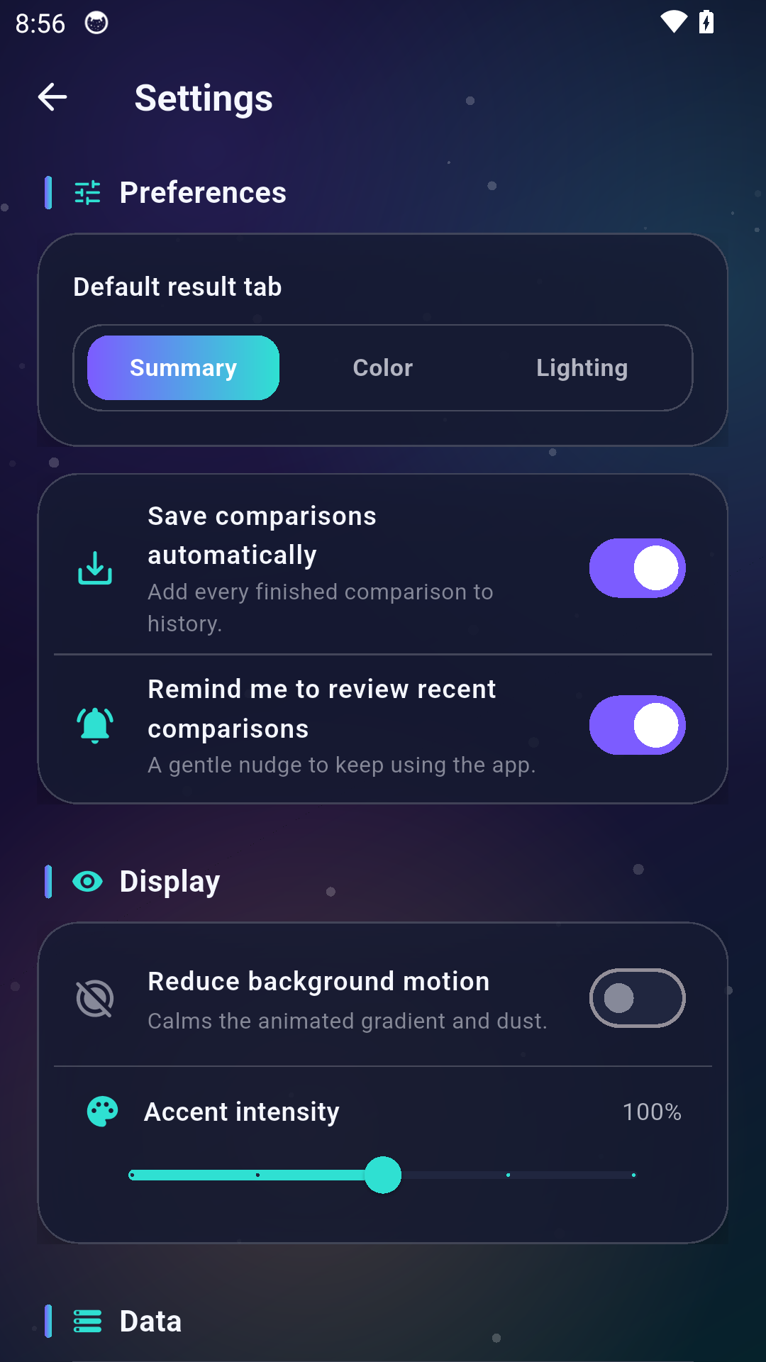 Contrast Lens preference settings for analysis and display